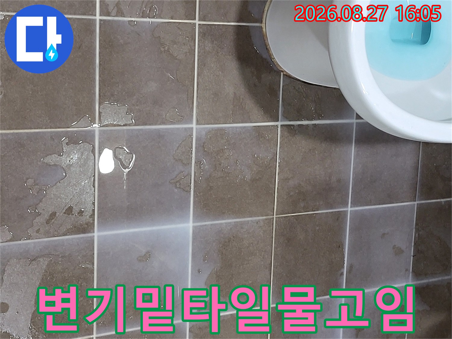 변기 하단 타일 틈새에 물이 고인 누수 현장