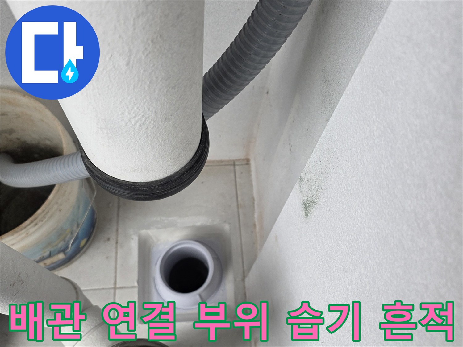 분당 수내동 현장의 우수관 하단 배관 결합부와 습한 타일 상태