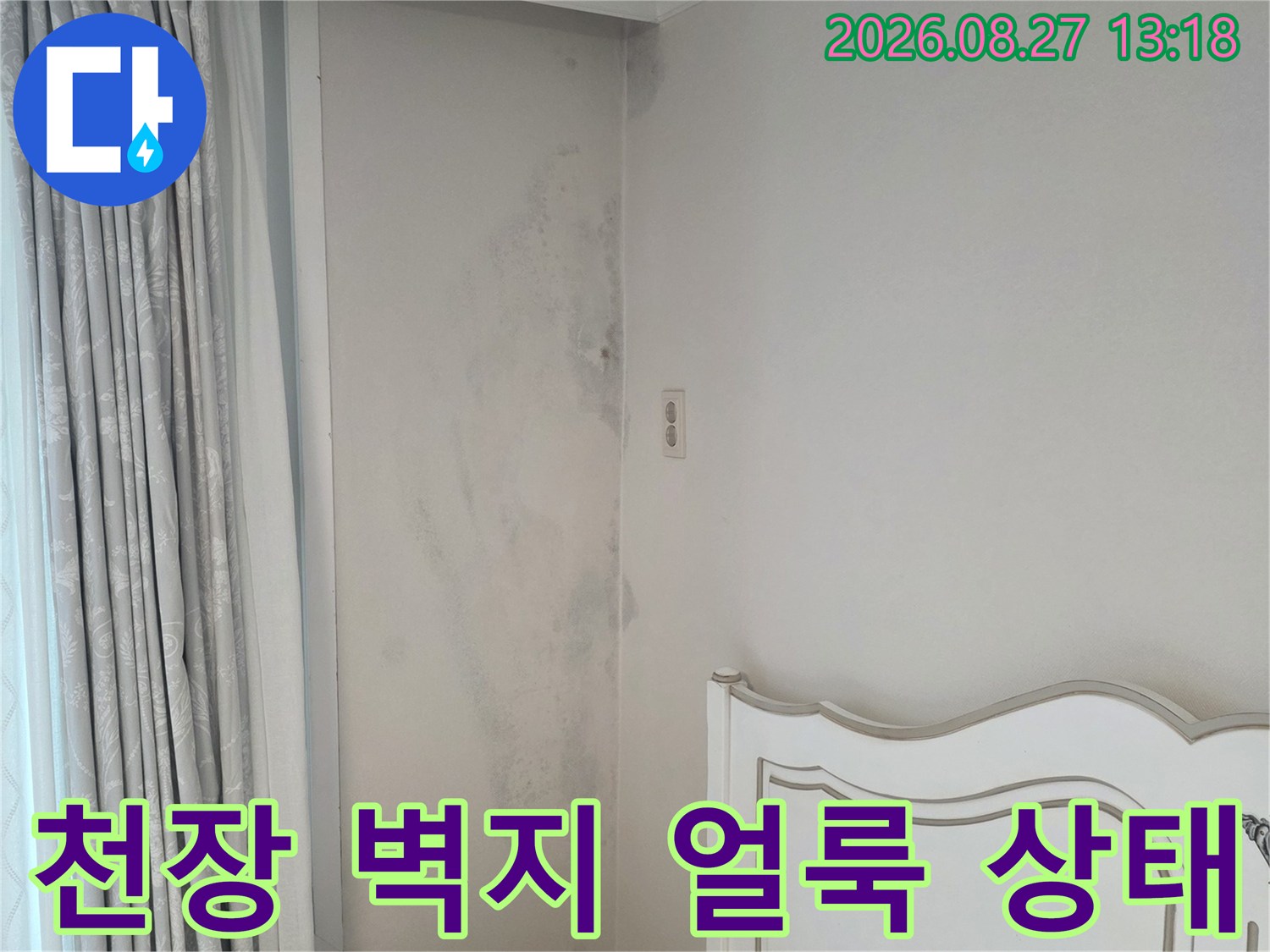 분당구 수내동 아파트-천장 벽지 부분에 발생한 넓은 습기 얼룩과 변색 상태
