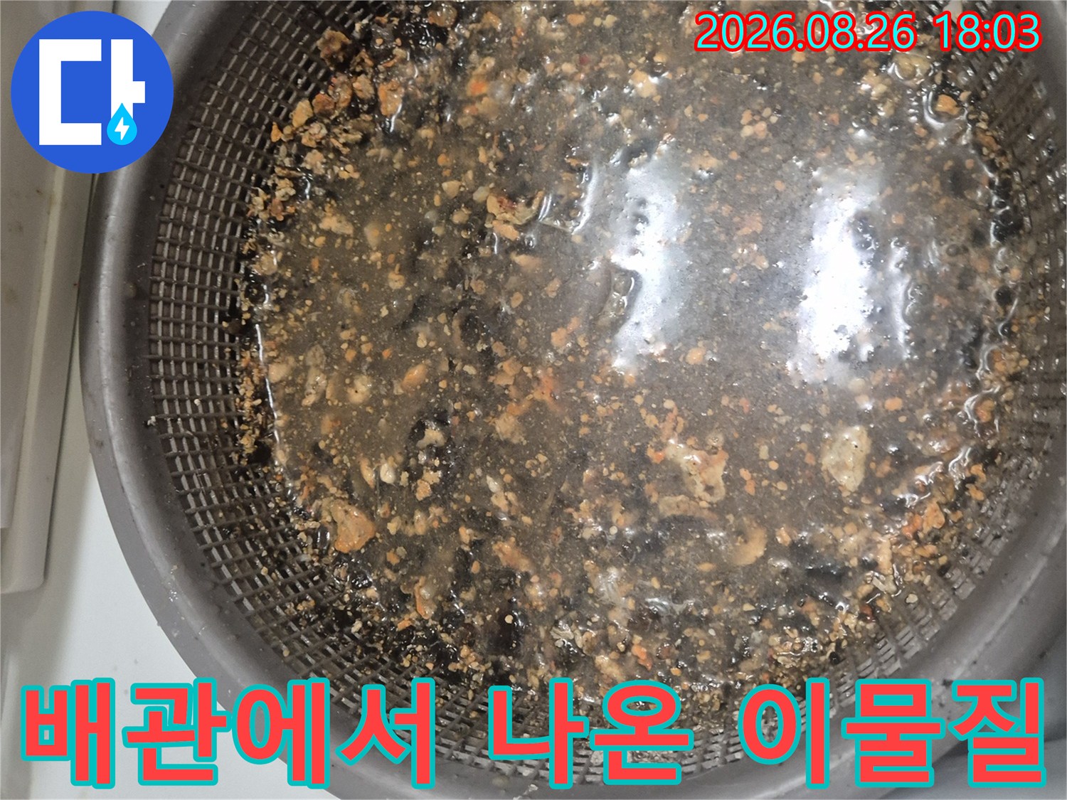 싱크대 배관 석션 작업 후 추출된 기름 슬러지와 오염된 물의 모습입니다.