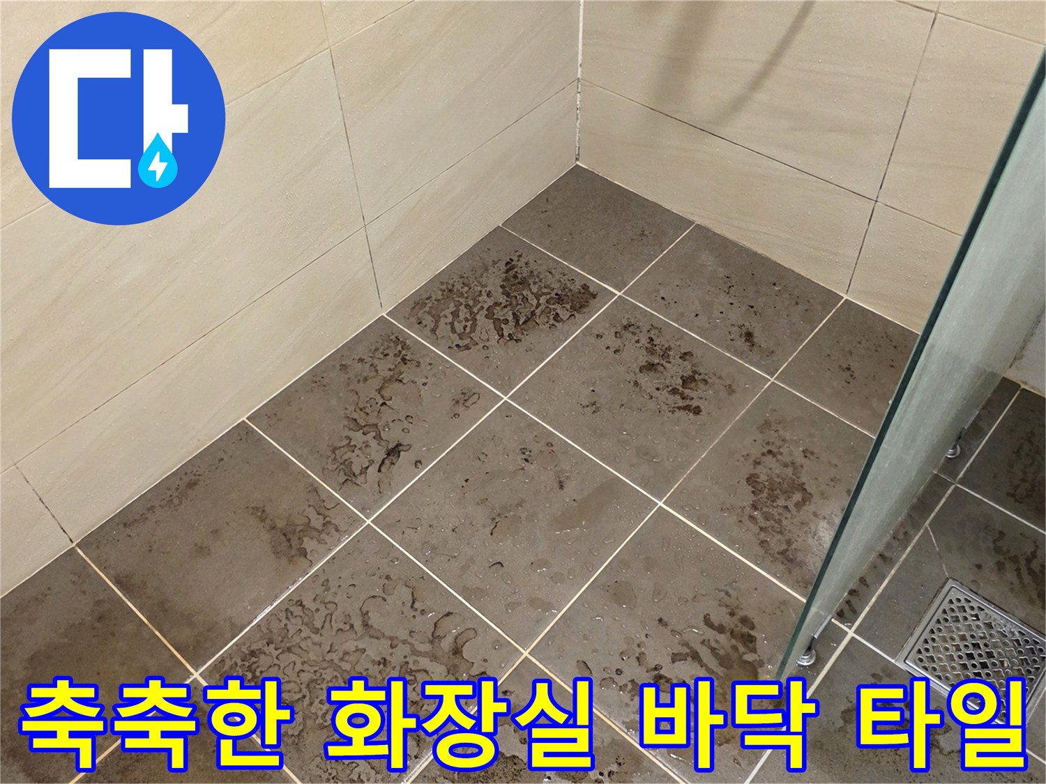 배수구 주변의 젖은 타일과 줄눈 상태