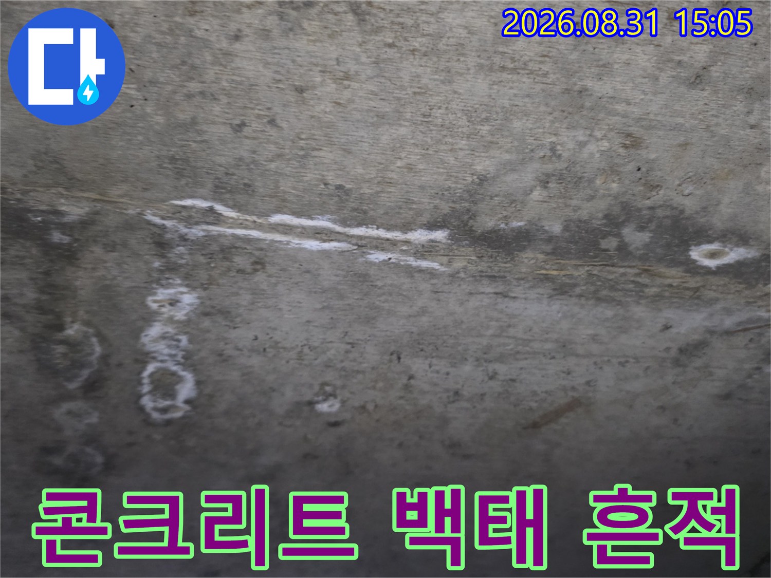 천장 콘크리트-하얗게 일어난 백태와 습기 얼룩