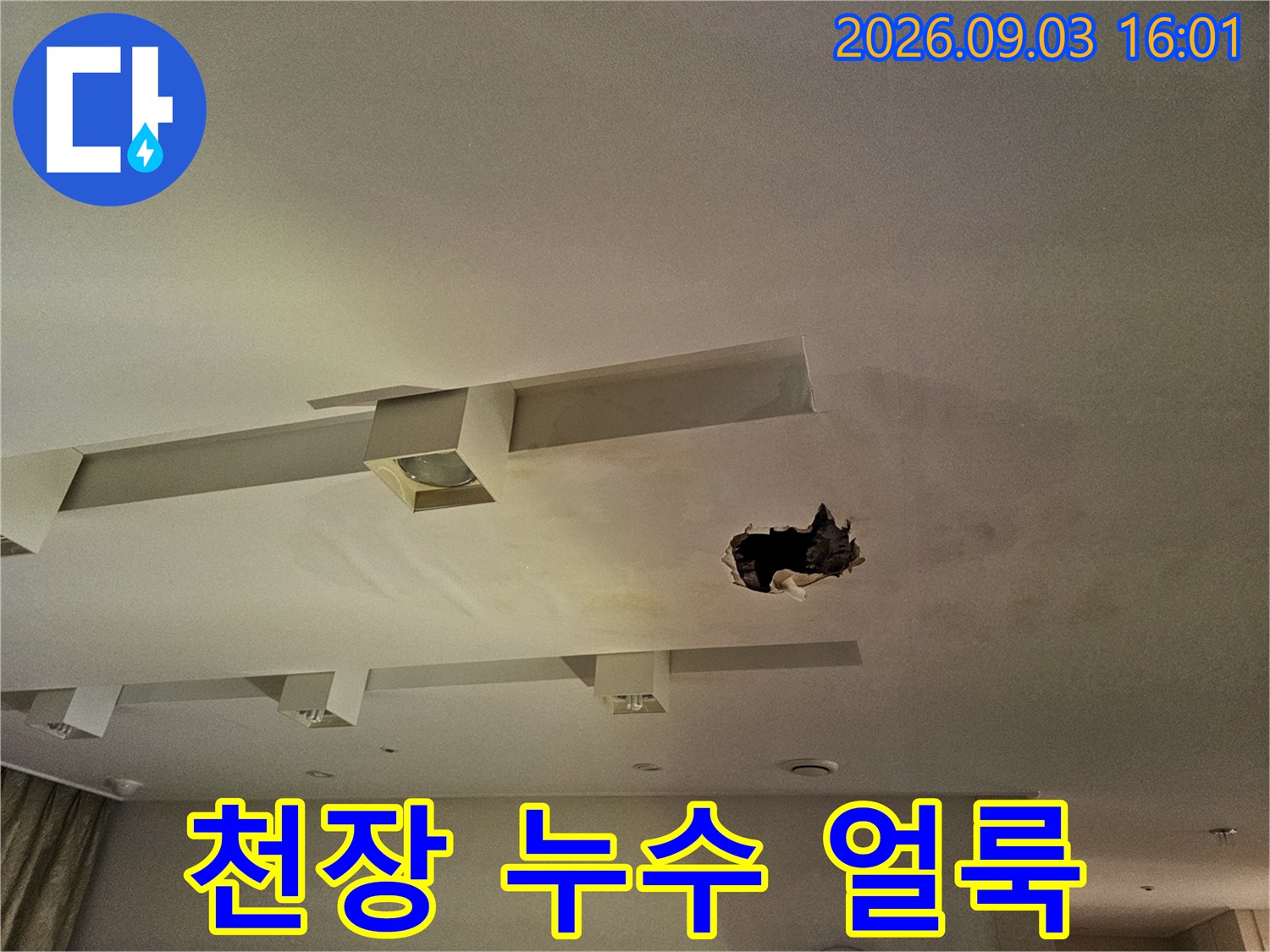 아파트 천장 마감재에 발생한 누수 흔적과 구멍