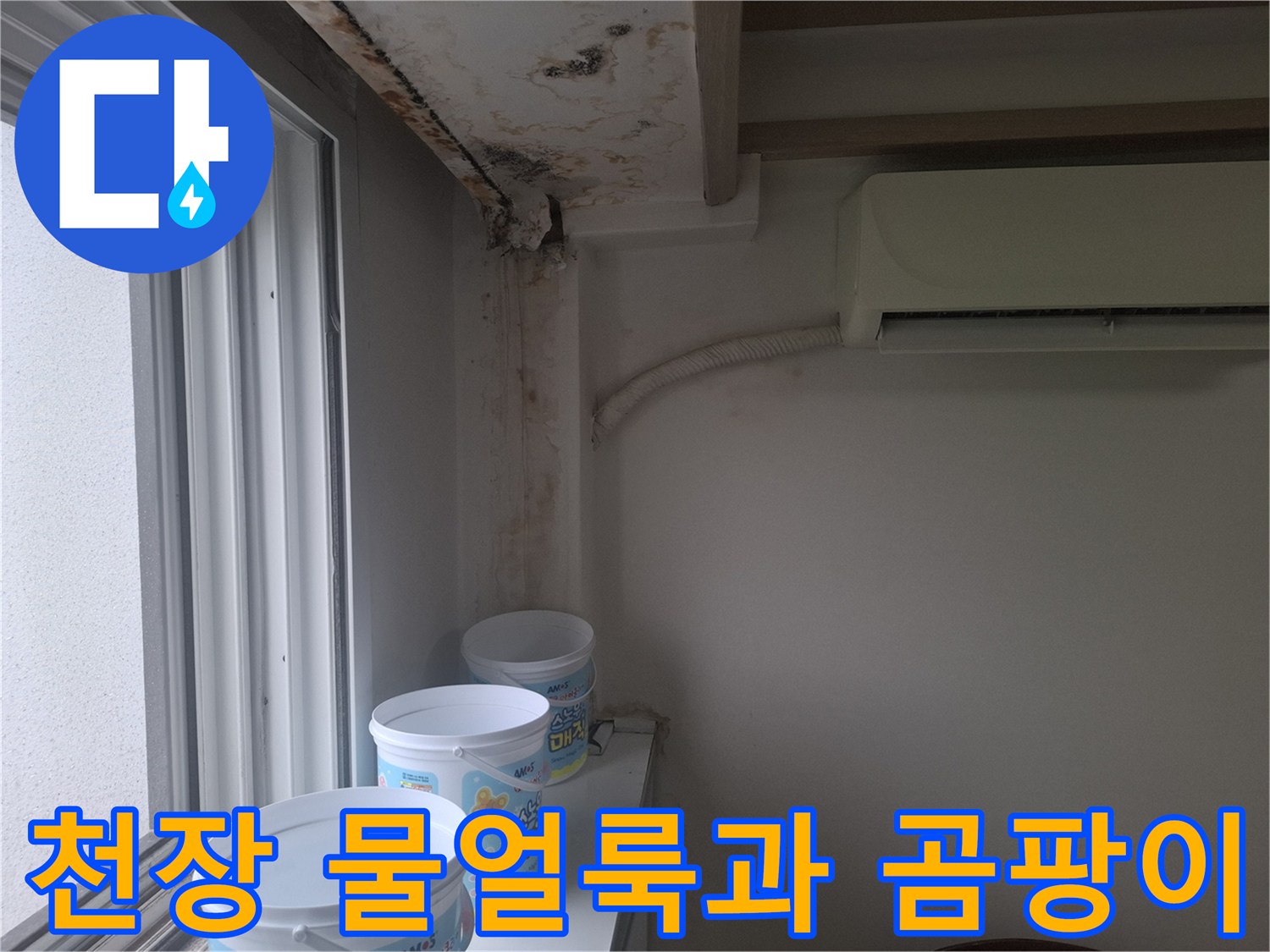 아현동 아파트 거실 창가 쪽 천장에 발생한 심한 물 얼룩과 곰팡이 상태