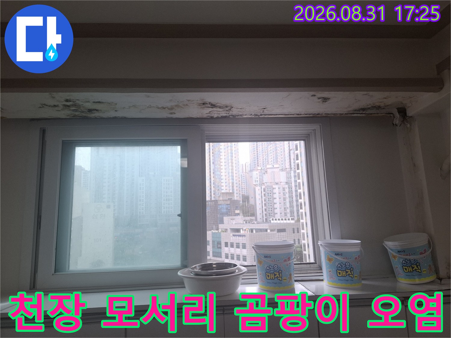 아현동 아파트-창틀 상단 천장 마감재에 발생한 곰팡이와 얼룩 부위