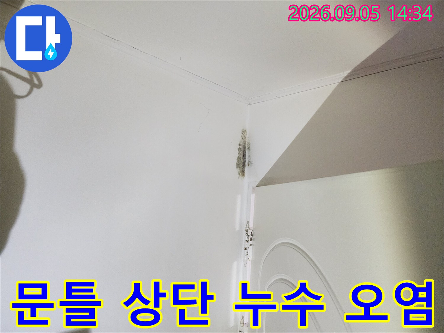 문틀과 벽면 경계에 나타난 곰팡이와 습기 흔적