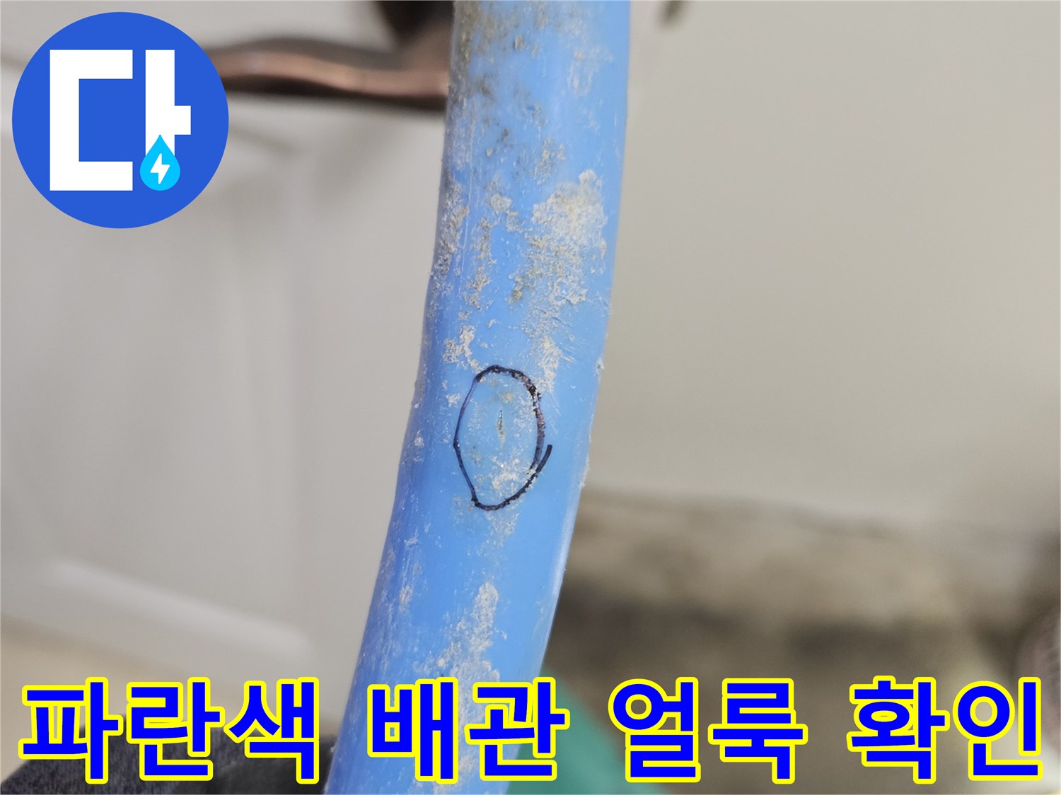 검은 장갑으로 파란색 PB 배관의 하얀색 오염 부위 점검