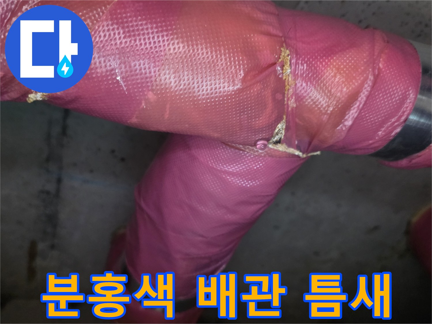 의정품 신곡동 현장의 분홍색 보온재로 덮인 배관 연결부 상세 모습