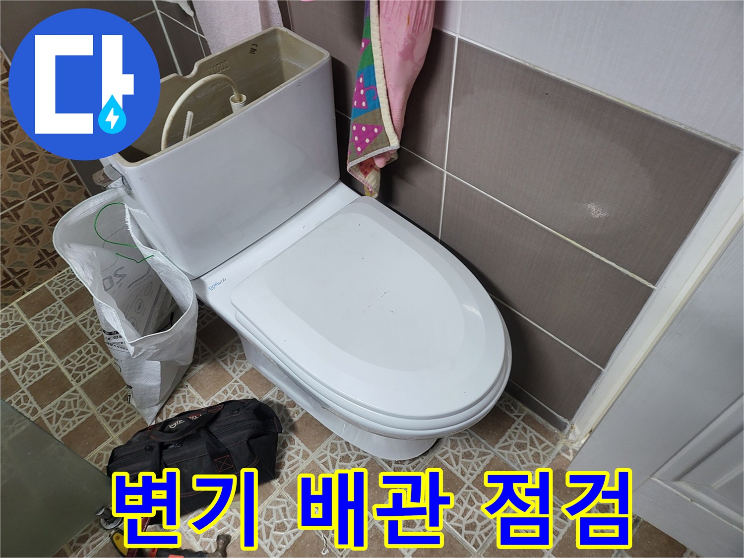 변기 뒤쪽 벽면 타일과 배관 연결부를 면밀히 조사합니다.