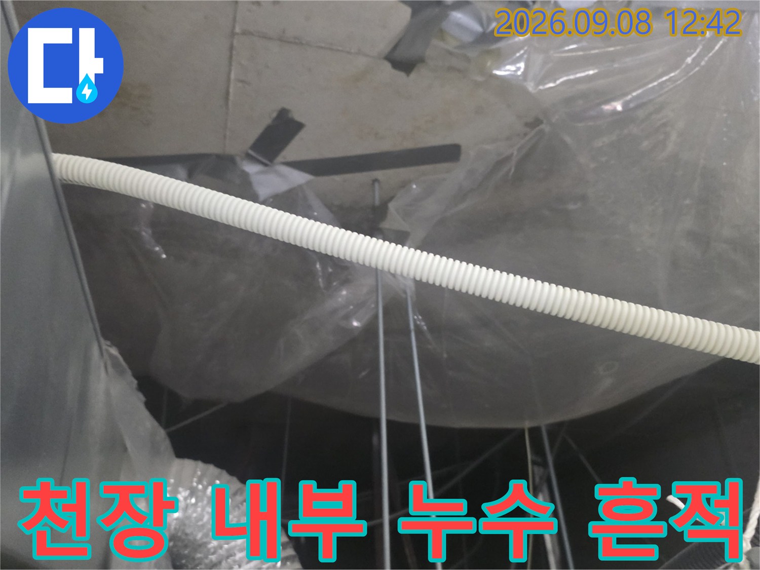 비닐 보양된 천장 배관 주변의 습기 상태-누수 진단 과정