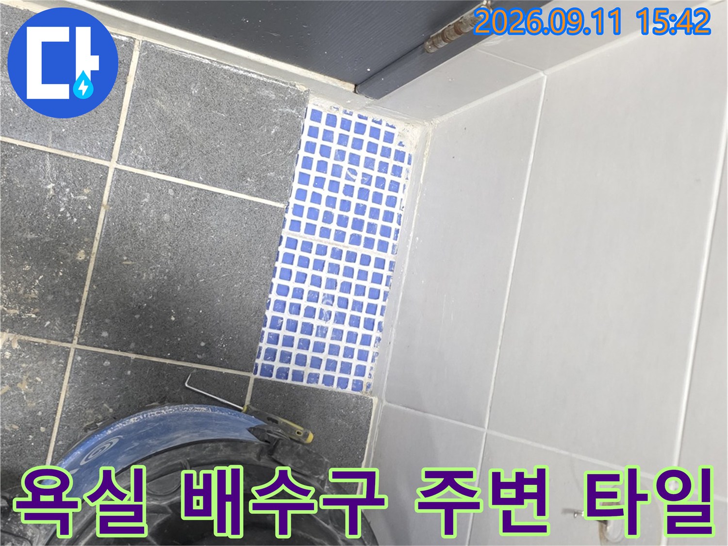 파란색 모자이크 타일이 시공된-배수구 주변의 누수 취약 부위입니다.