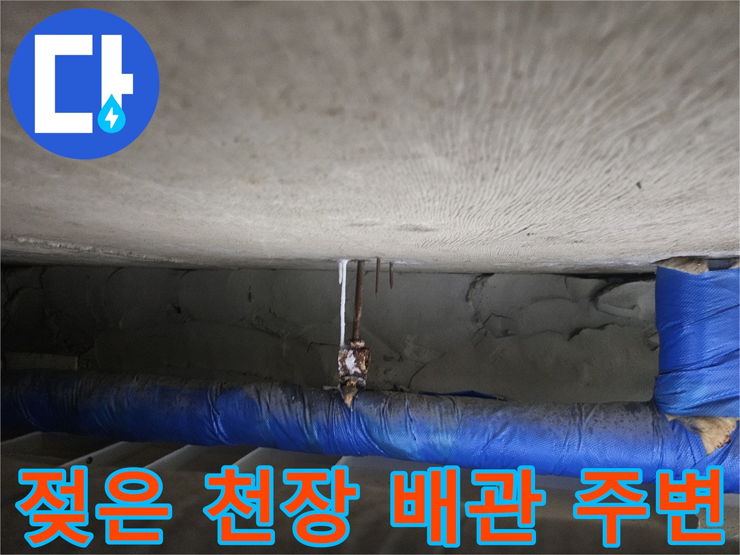 일산 장항동 현장의-물에 젖어 어두워진 천장 콘크리트 부위입니다.