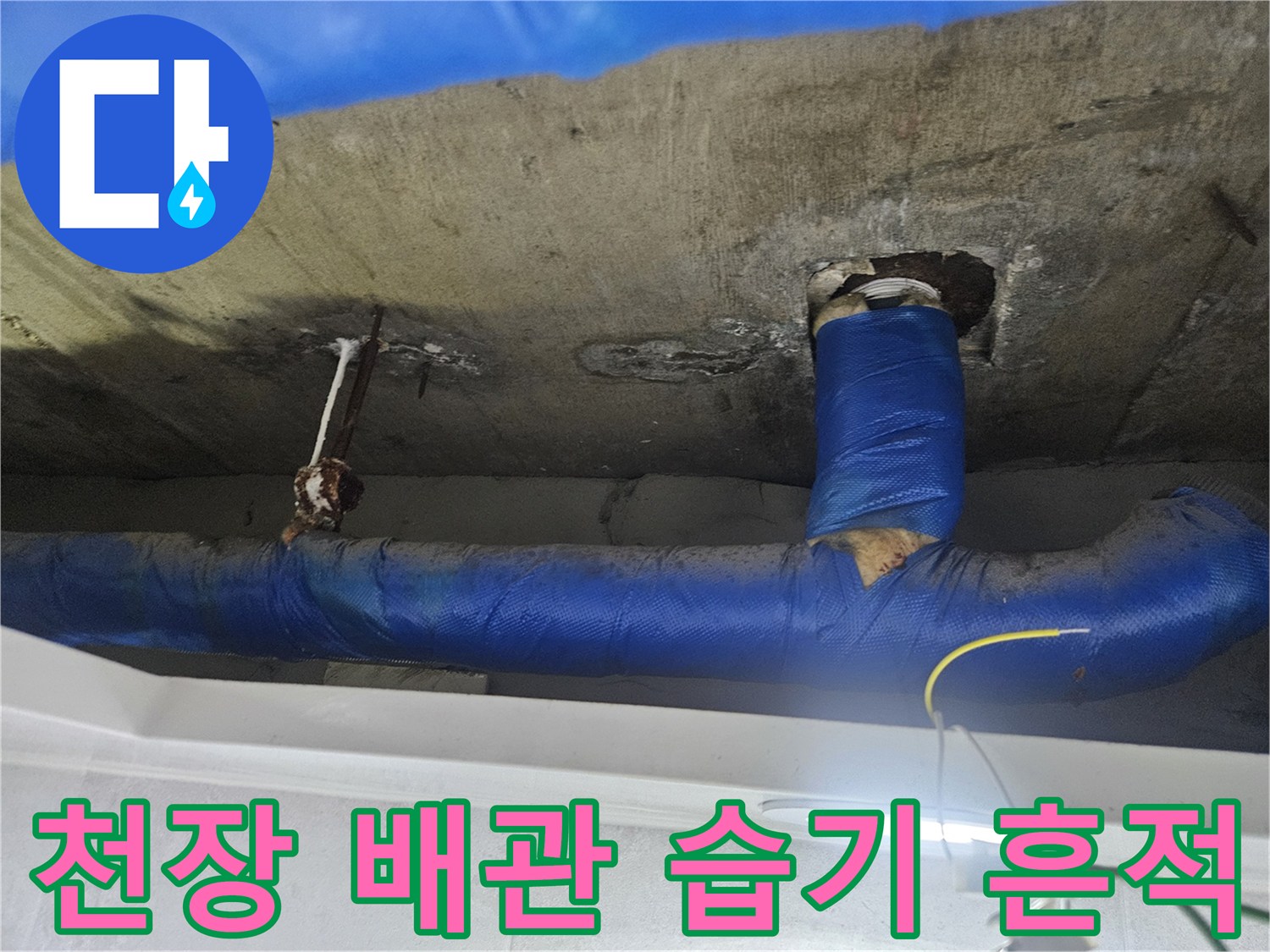 파란색 보온재로 감싸진 배관 및 젖은 콘크리트 면