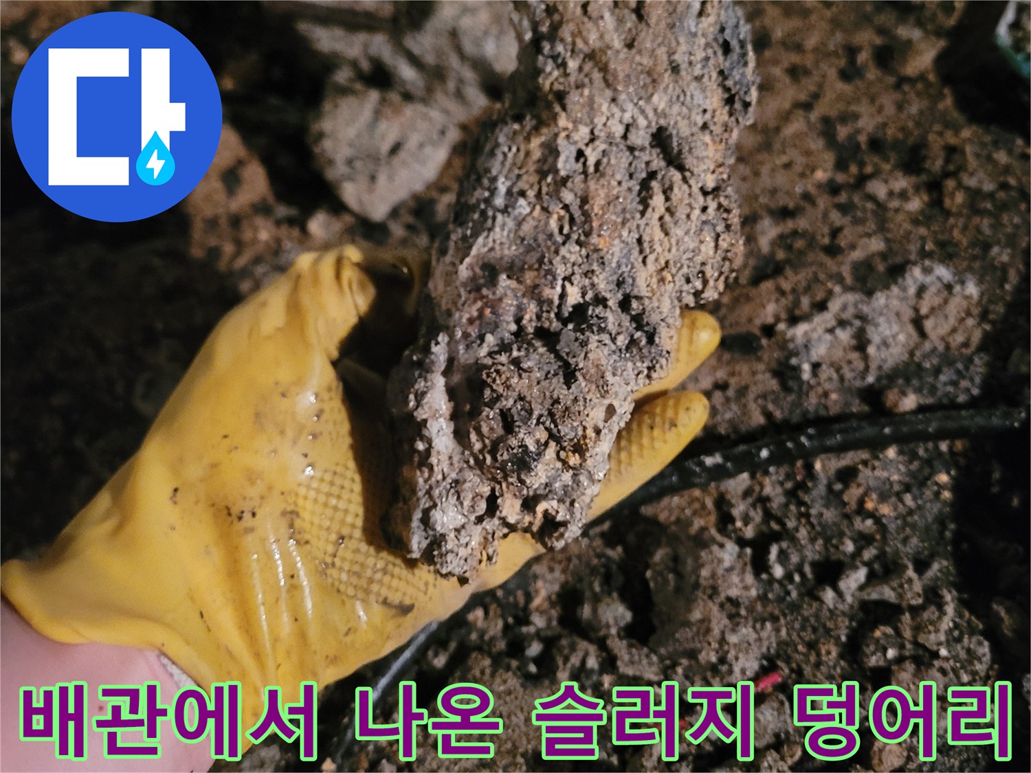 노란 장갑으로 들고 있는 커다란 배관 슬러지 덩어리