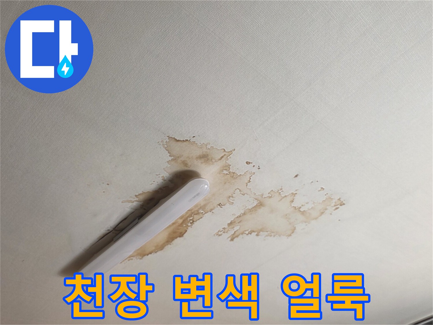 서초구 양재동 현장의 천장 텍스 부위에 발생한 갈색 물자국과 오염 상태입니다.