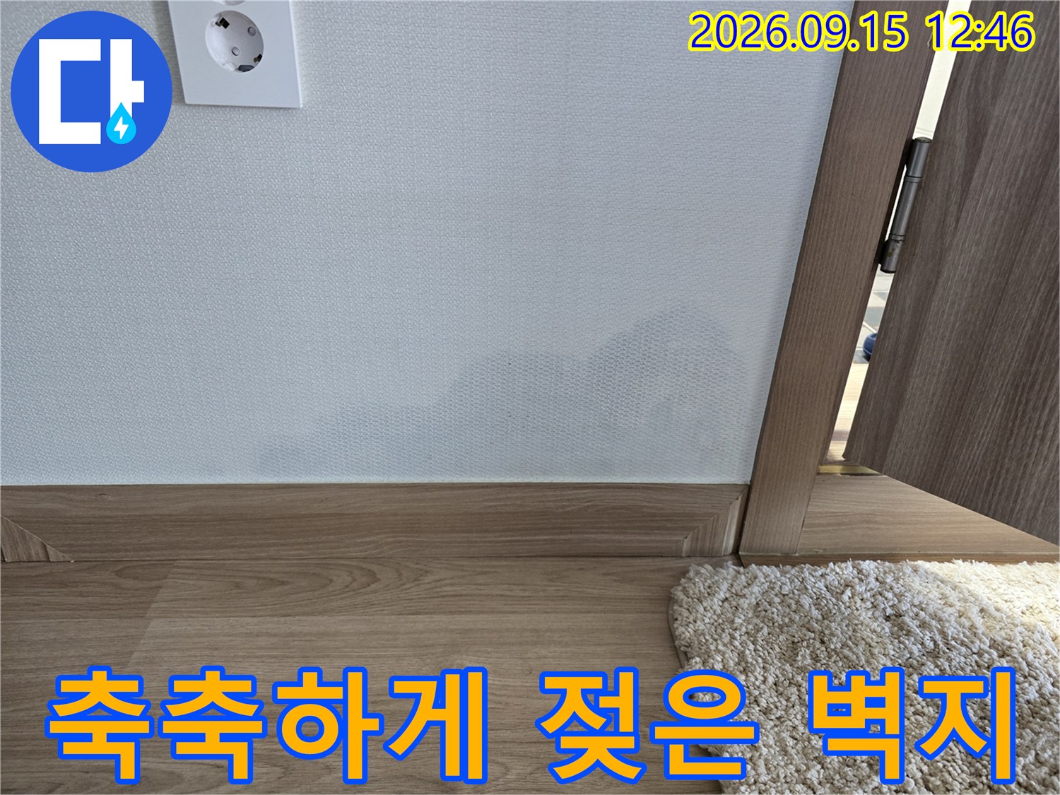 거실 벽면 하부-물기에 의해 변색된 벽지 표면