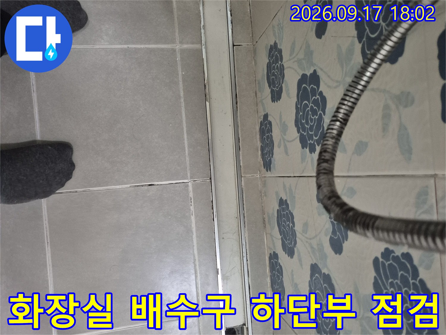 화성시 반송동-욕실 바닥 배수구 주변의 누수 흔적을 확인하는 모습