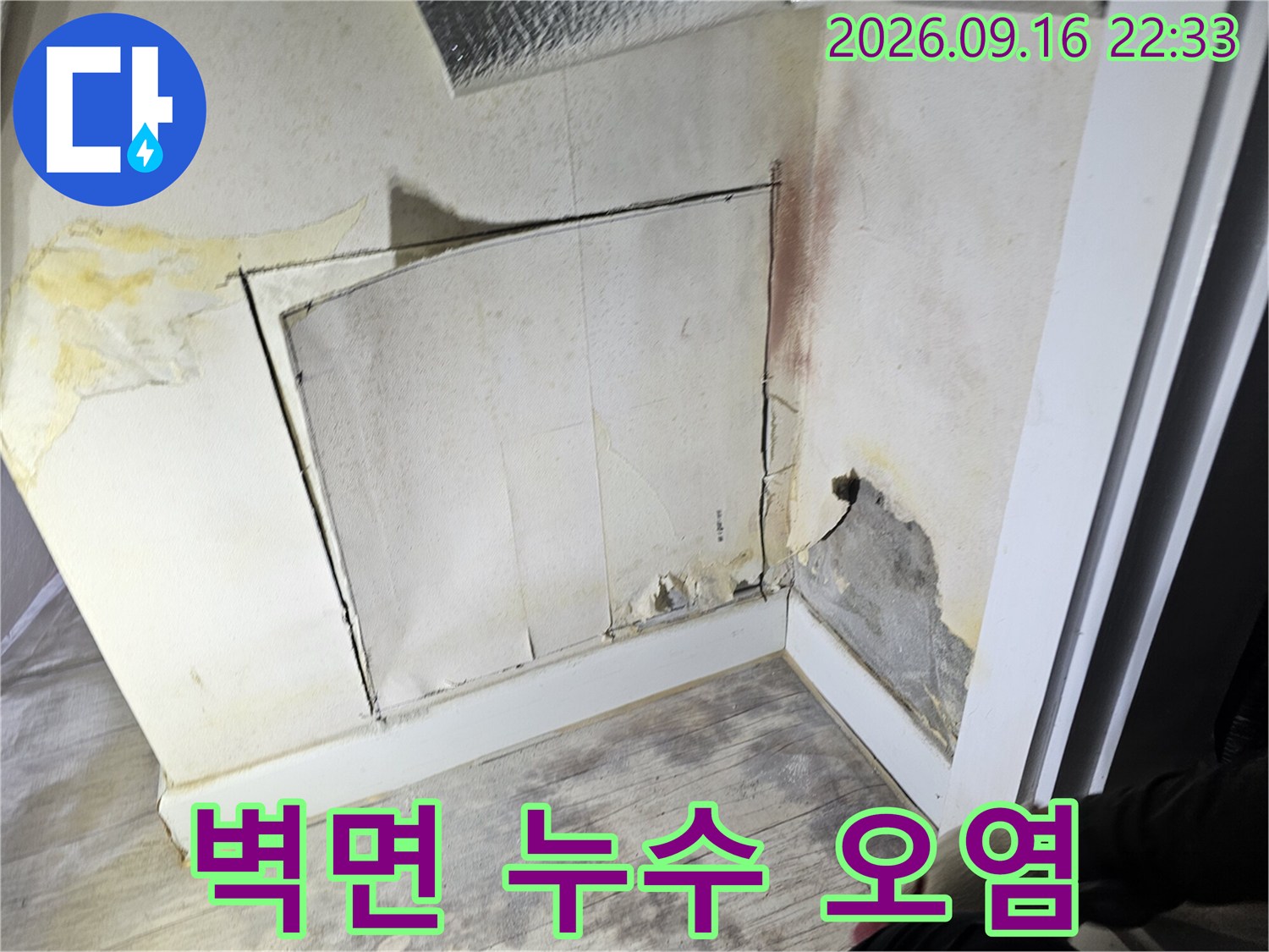 절개된 벽면 내부의 습기와 변색된 흔적들