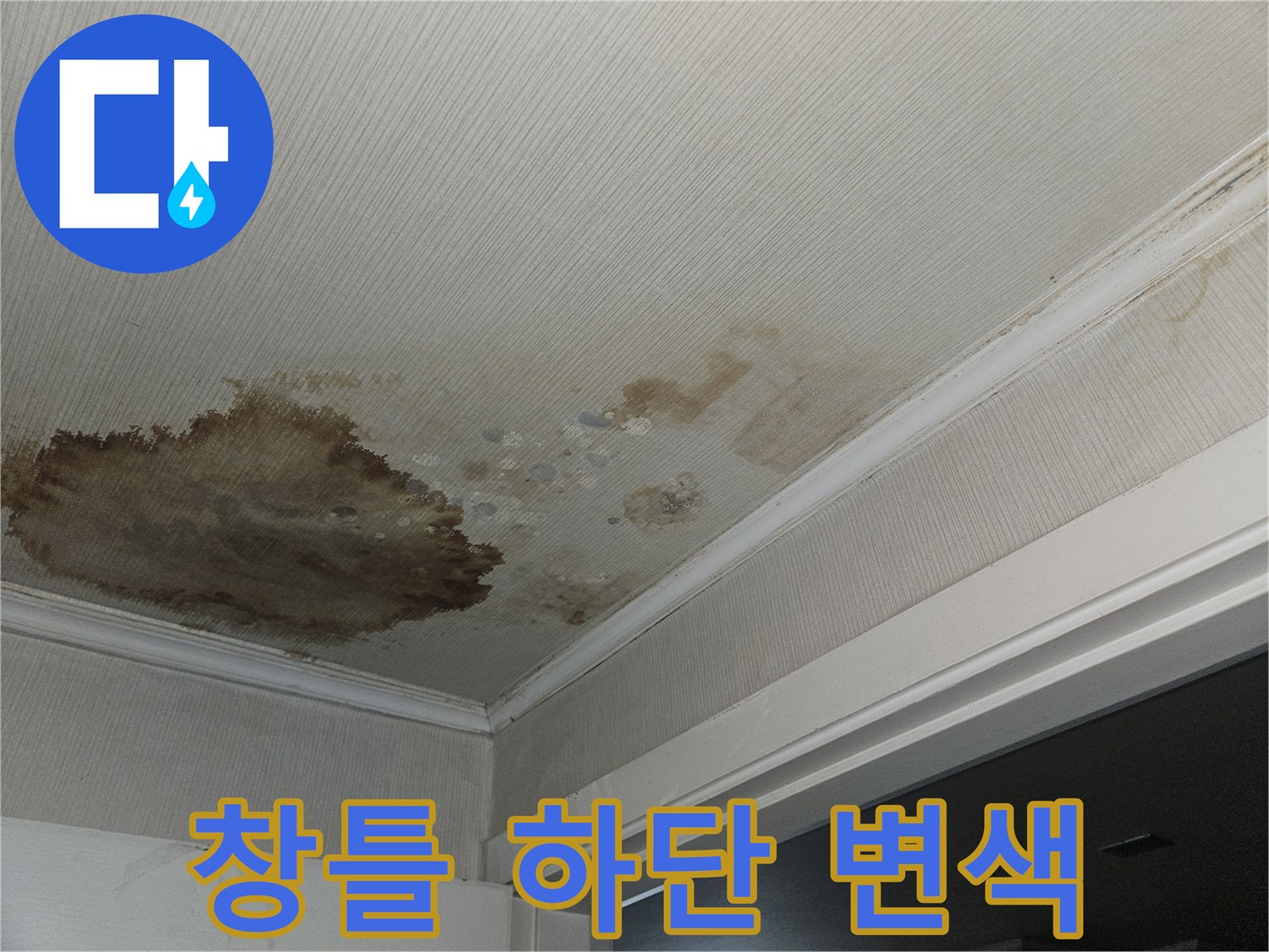 창틀 아래 장판에 나타난 갈색 물샘 자국