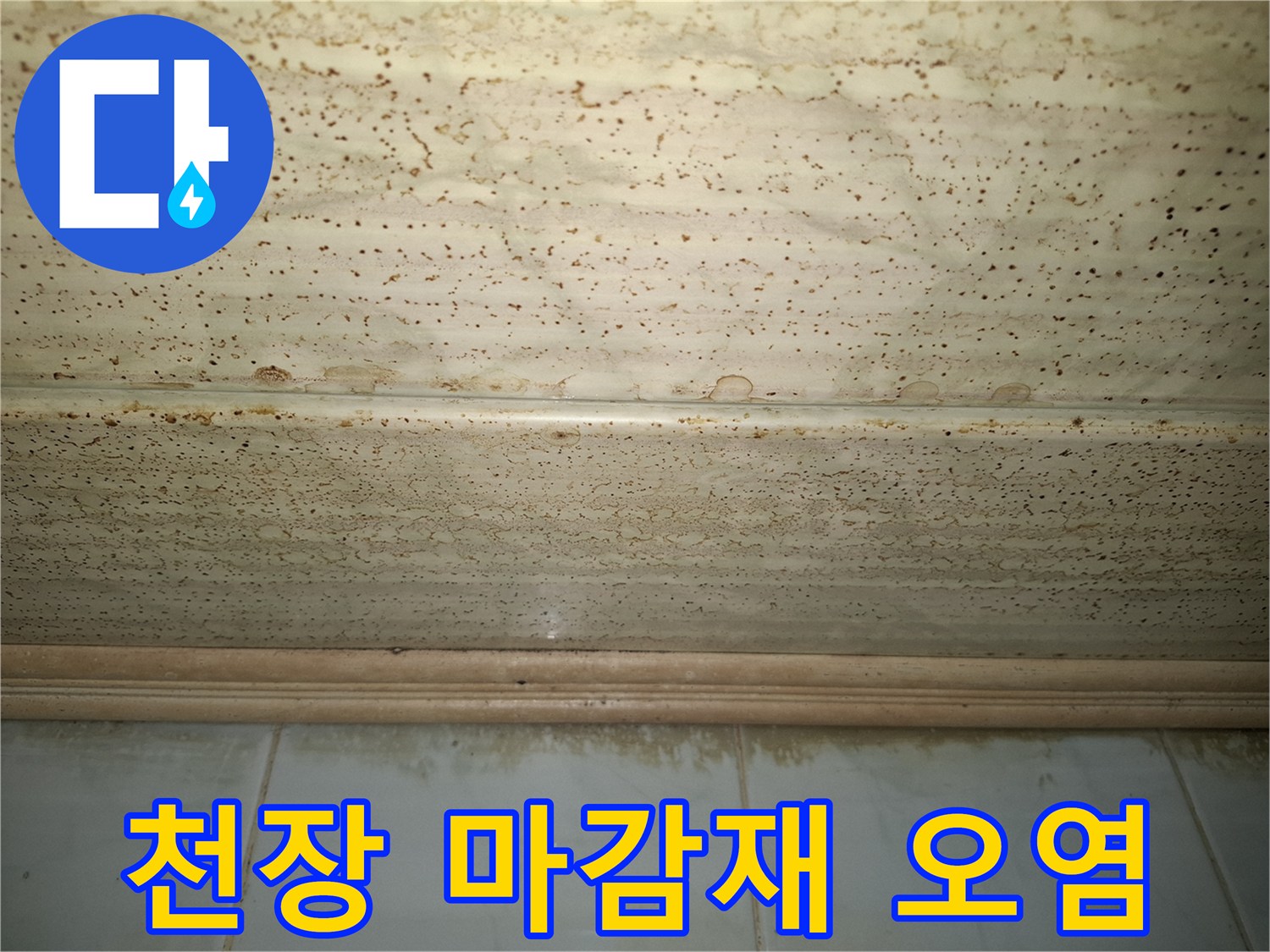 물샘으로 인해 변색된 천장 마감재의 상세 모습