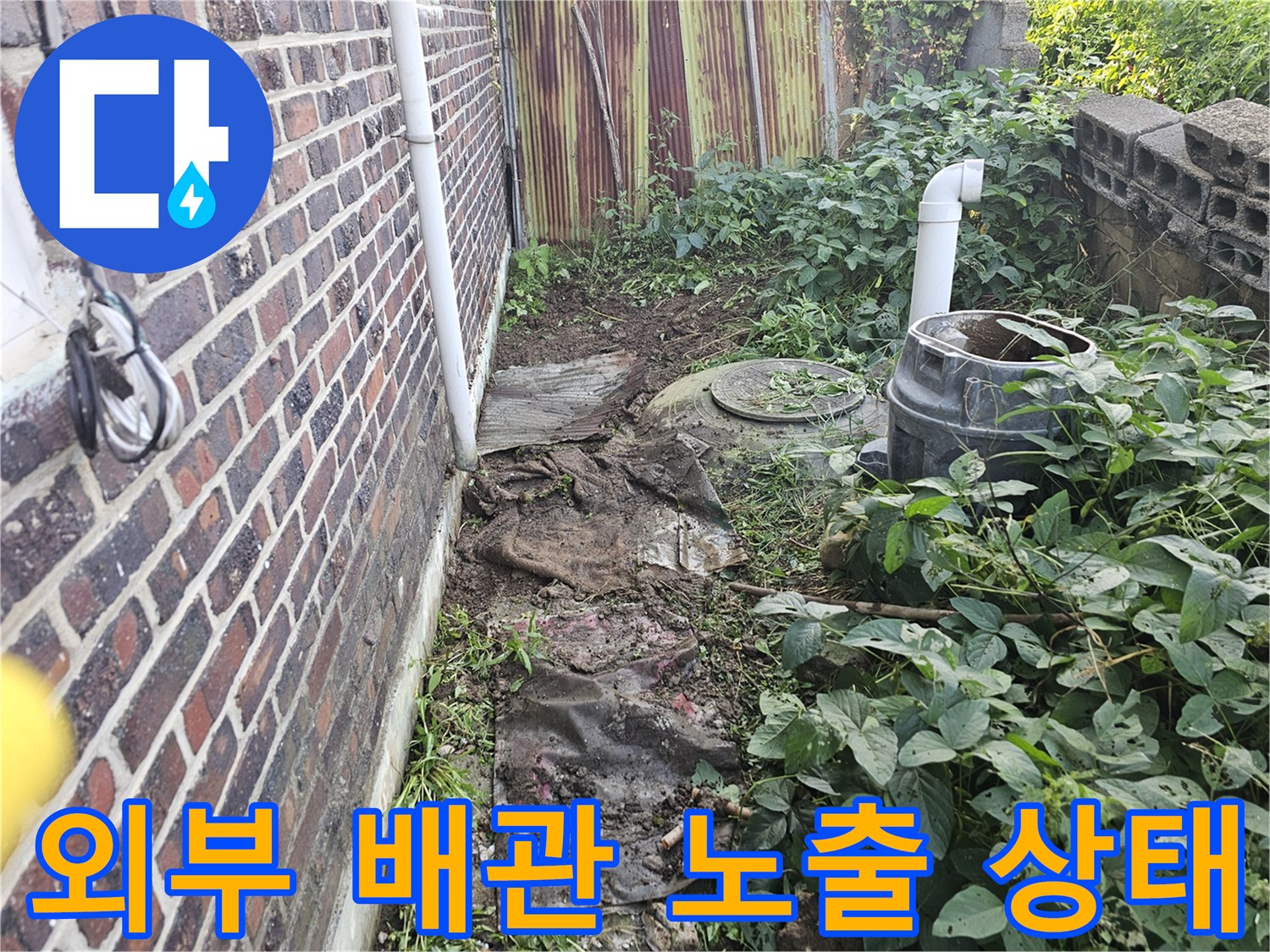 하얀색 배관과 맨홀-주변 식생 및 토사 상태