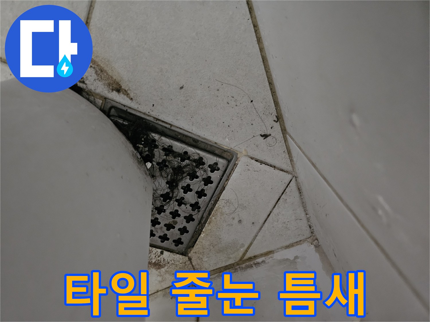 배수구 주변 타일 사이의 균열과 오염된 상태를 근접 촬영한 사진입니다.